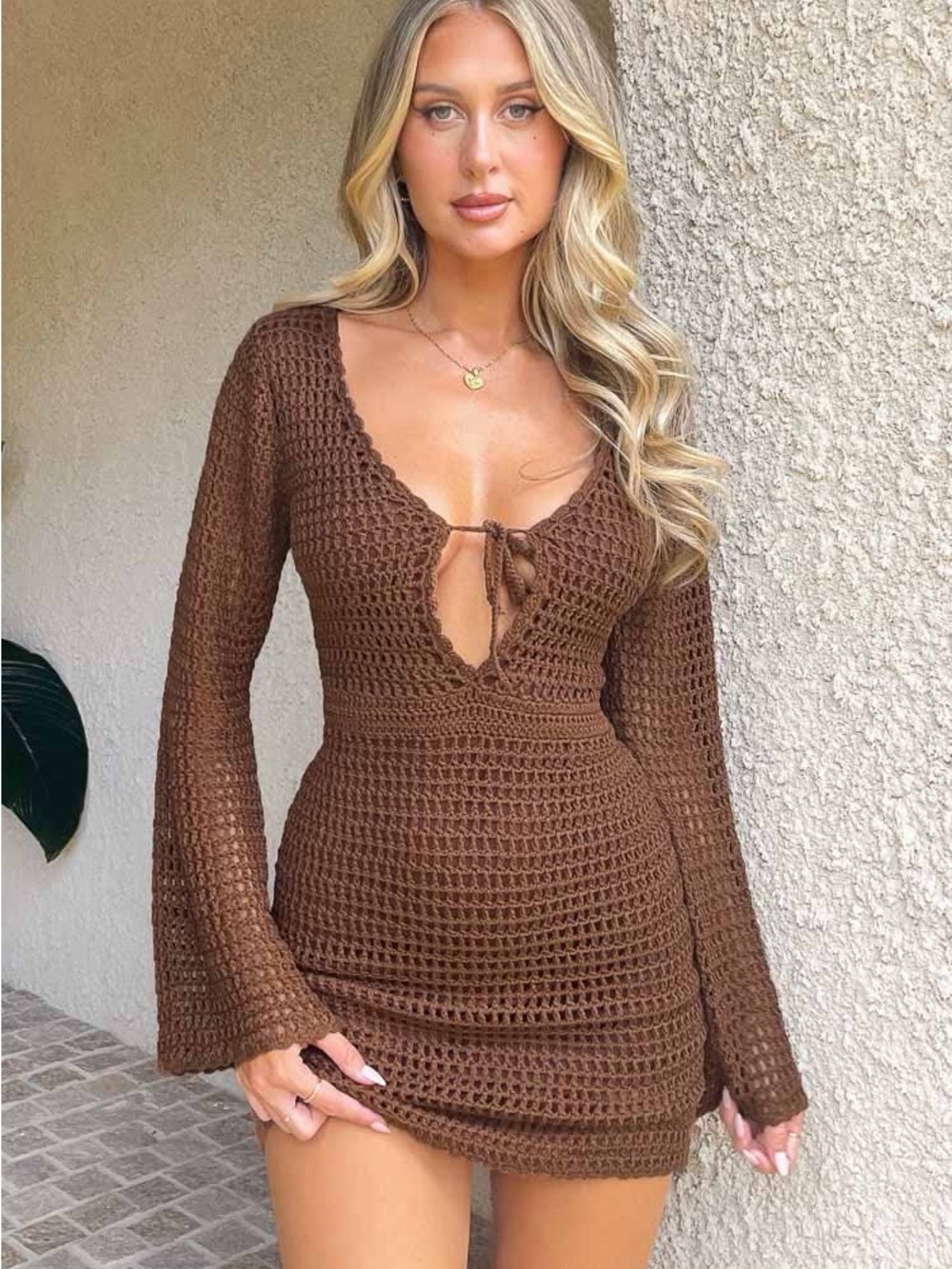 Beginning Boutique Donovan Brown Crochet Mini Dress